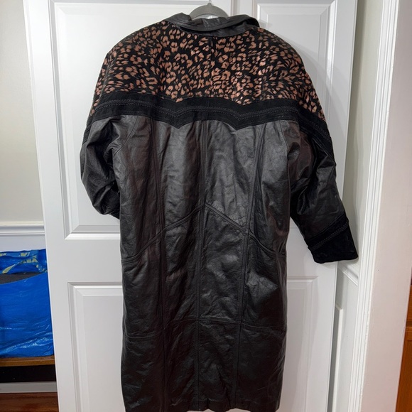 Vintage 80s Middlebrook Park Black Leather Cheetah Leopard Trench Jacket XL - Picture 8 of 9